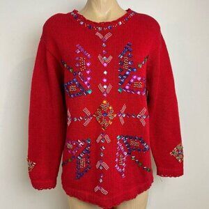 Vintage Joule Vintage Jeweled Sweater Women's Size M / L Bedazzled Christmas Red